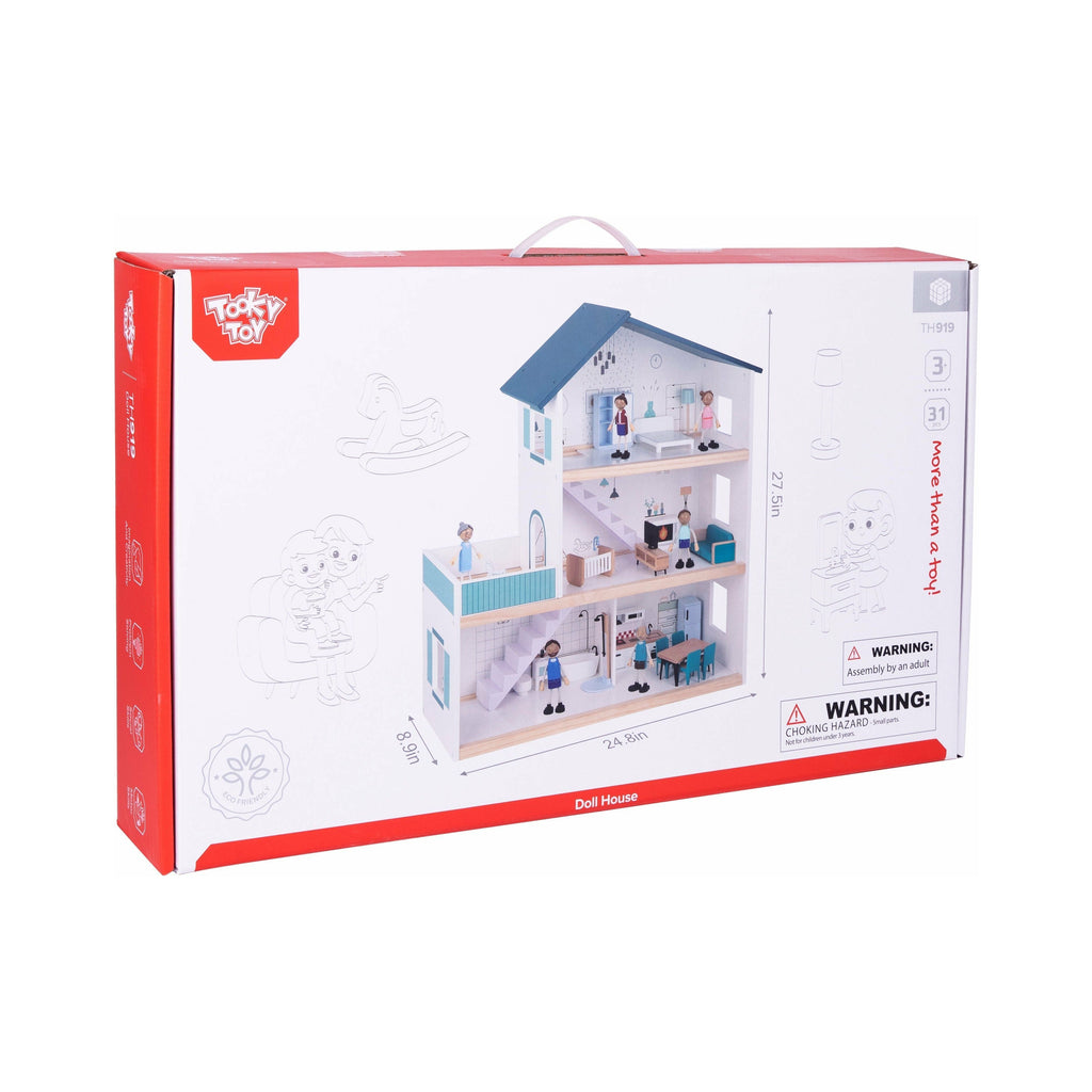 Tooky Toy 3 Storey Wooden Doll House with Furniture Age-3 Years & Above