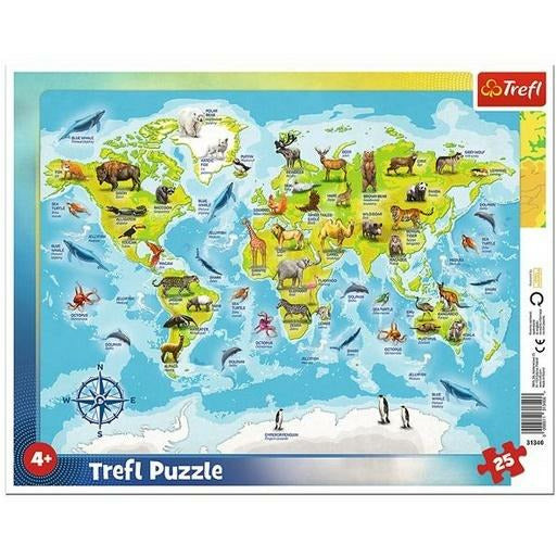Trefl Puzzle World Map with Animals Frame Shaped 25 Pieces Multicolor Age- 4 Years and Above