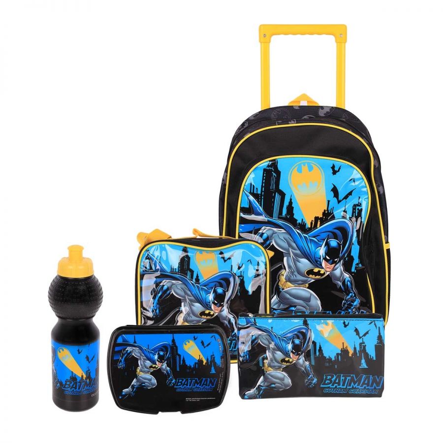 Warner Bros. Batman 5 In 1 Set, 16" Trolley, Lunch Bag, Pencil Case, Lunch Box, Squeeze Bottle Kids